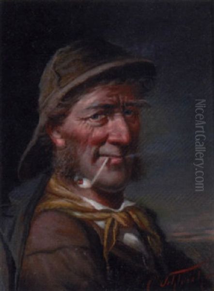 Portrait Of An Old Seaman Smoking A Pipe Oil Painting by Carl Schleicher