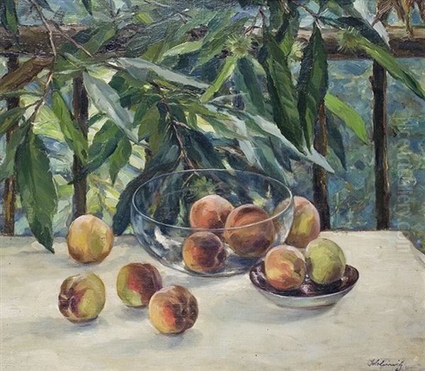 Still Life With Glass Cup And Peaches Oil Painting by Max Schleinitz