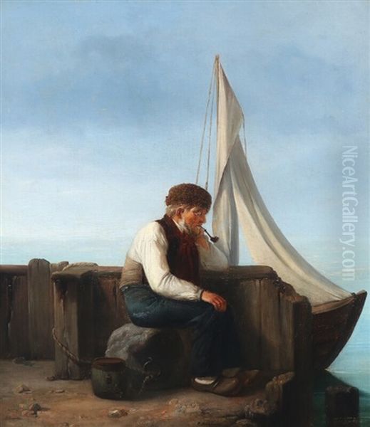 A Fisherman Looking For Wind Over The Ocean Oil Painting by Christian Andreas Schleisner