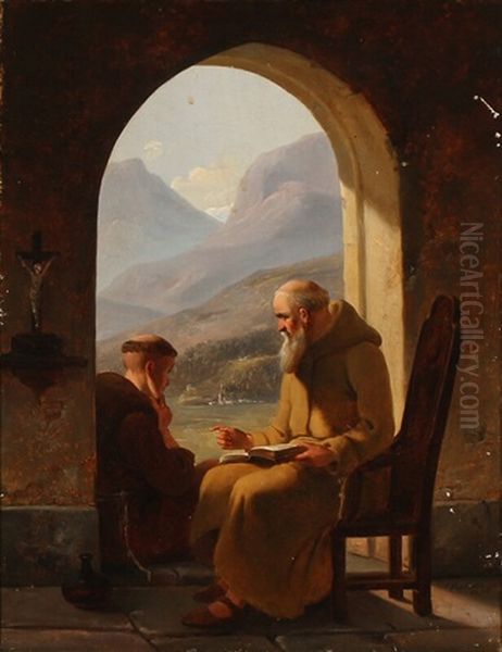 Two Monks In A Loggia With A View Of A Mountain Landscape Oil Painting by Christian Andreas Schleisner