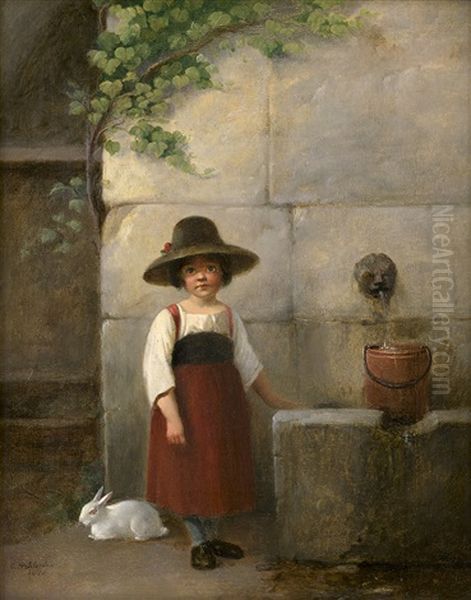 Kleines Madchen Mit Weisem Kaninchen Bei Einem Brunnen Oil Painting by Christian Andreas Schleisner