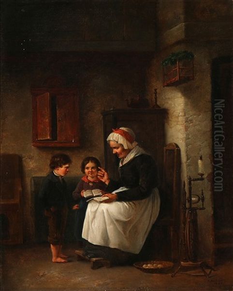 A Grandmother Helps With The Homework Oil Painting by Christian Andreas Schleisner