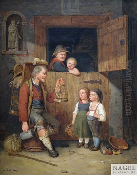 Ein Landstreicher Unterhalt Bauernkinder An Einer Klontur Oil Painting by Christian Andreas Schleisner