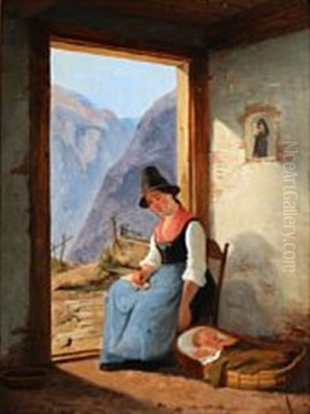 Mother And Child In The Background An Italian Mountain Landscape Oil Painting by Christian Andreas Schleisner