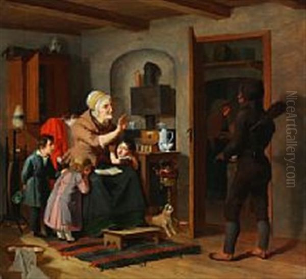 A Chimney Sweeper Is Scaring The Children Oil Painting by Christian Andreas Schleisner