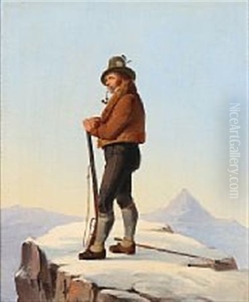 A Tyrolean Hunter On A Snowy Mountain Peak Oil Painting by Christian Andreas Schleisner