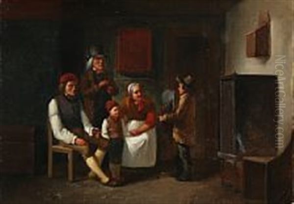 Interior With A Boy Performing In Front Of A Family Oil Painting by Christian Andreas Schleisner