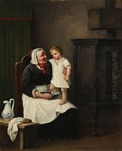 A Little Child And The Nanny Oil Painting by Christian Andreas Schleisner