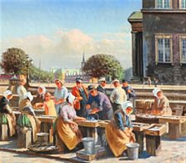 Fishermen's Wives Selling Fish At Gl. Strand In Copenhagen Oil Painting by Christian Andreas Schleisner