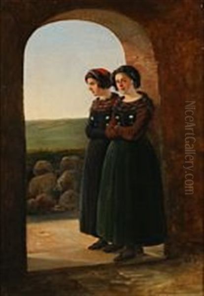 Two Girls In Folk Costumes From Fohr Oil Painting by Christian Andreas Schleisner