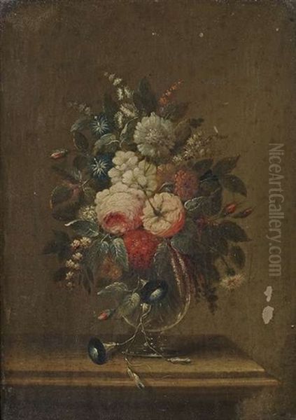 Stilleben Mit Bunten Sommerblumen In Bauchiger Glasvase Auf Einem Tisch (+ Another, Similar; Pair) Oil Painting by Adam Johann Schlesinger