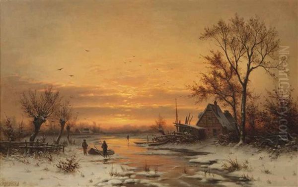 A Winter Sunset Oil Painting by Carl Schlesinger