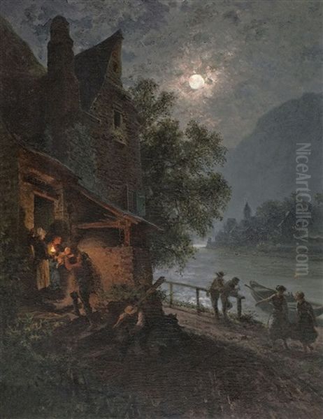 Die Ruckkehr Der Fischer In Einer Mondnacht Oil Painting by Carl Schlesinger