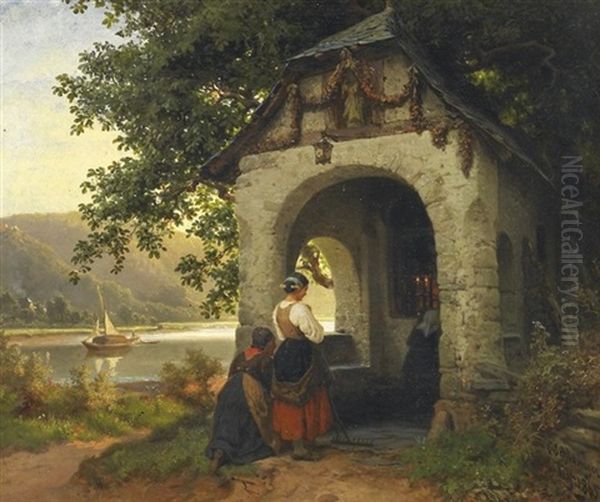 Capelle An Der Mosel. Andachtige Bauerinnen Vor Kleiner Marienkapelle Am Flusufer Oil Painting by Carl Schlesinger