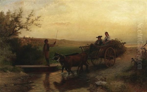 Heimkehr Am Abend. Bauernpaar Mit Erntewagen An Einer Furt Oil Painting by Carl Schlesinger