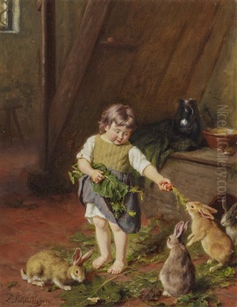 Girl Feeding Rabbits Oil Painting by Felix Schlesinger