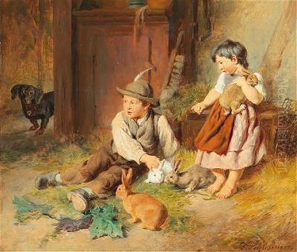 Siblings With A Bunny And A Dachshund Oil Painting by Felix Schlesinger