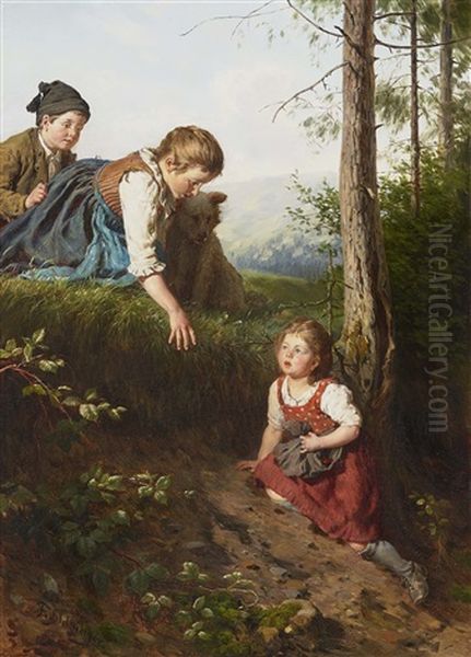 Drei Kinder Beim Beerenpflucken Im Wald Oil Painting by Felix Schlesinger