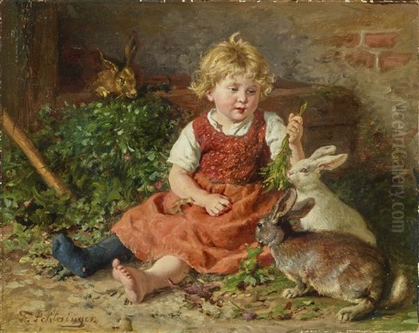 Girl Feeding Rabbits Oil Painting by Felix Schlesinger