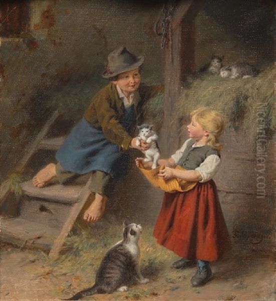 Barn Med Katter Oil Painting by Felix Schlesinger