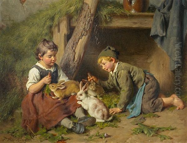 Madchen Und Knabe Im Hasenstall Oil Painting by Felix Schlesinger