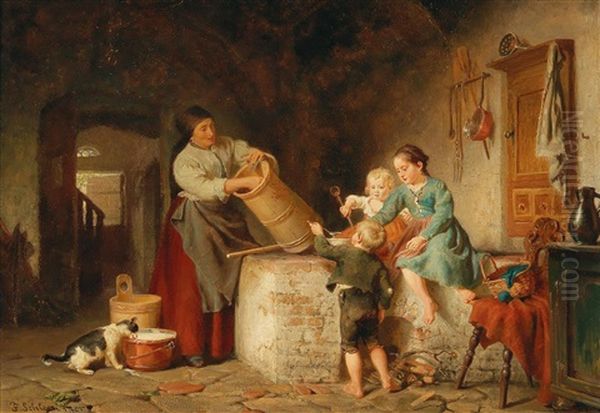 Zealous Helpers In The Kitchen Oil Painting by Felix Schlesinger