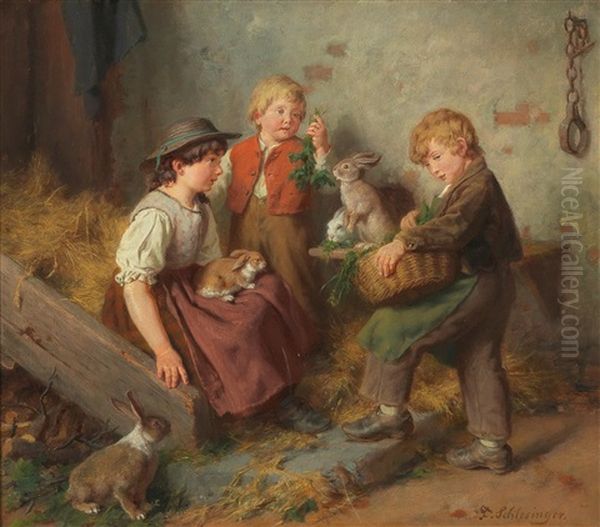 Child With Hares In A Stable Oil Painting by Felix Schlesinger