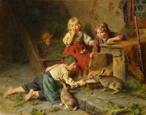 Three Children Feeding Rabbits by Felix Schlesinger