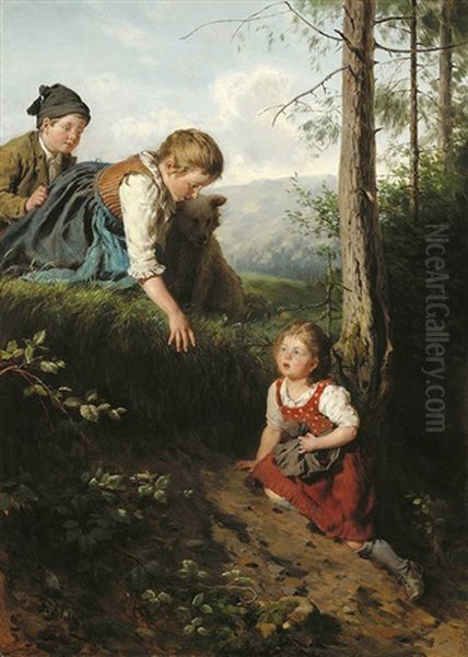 Three Children Picking Berries In The Forest Oil Painting by Felix Schlesinger