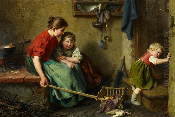 Kinder Beim Spielen In Der Kuche Oil Painting by Felix Schlesinger