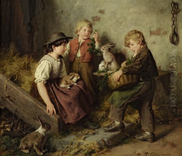 Drei Kinder Mit Hasen Im Stall Oil Painting by Felix Schlesinger