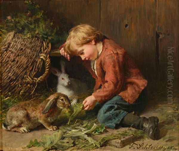 L'enfant Jouant Avec Les Lapins Oil Painting by Felix Schlesinger