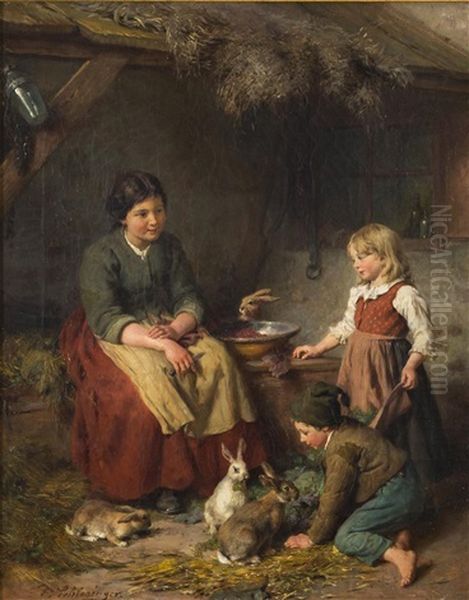 Mother, Children, And Rabbits Oil Painting by Felix Schlesinger