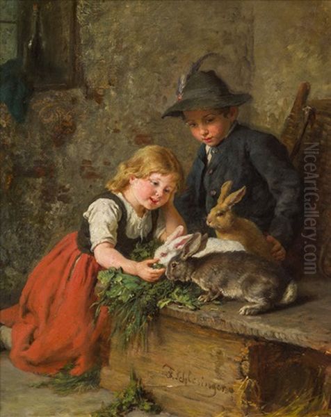 Two Childred Feeding Rabbits Oil Painting by Felix Schlesinger