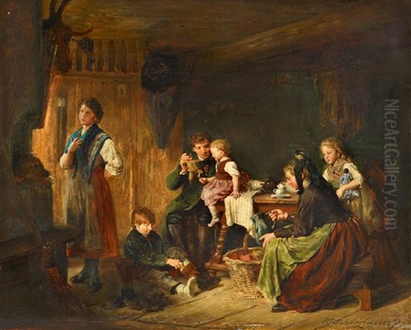 A Family Scene Oil Painting by Felix Schlesinger