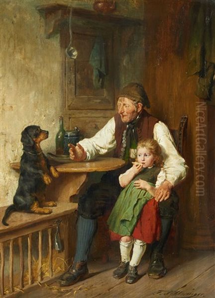 Rustic Interior With Grandfather, Granddaughter And Dog Oil Painting by Felix Schlesinger