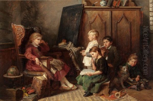 Children Reading Oil Painting by Felix Schlesinger