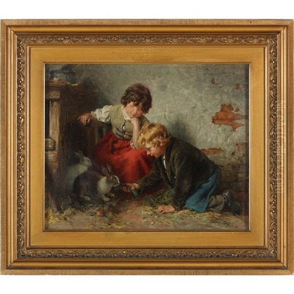 Children Feeding Rabbits Oil Painting by Felix Schlesinger