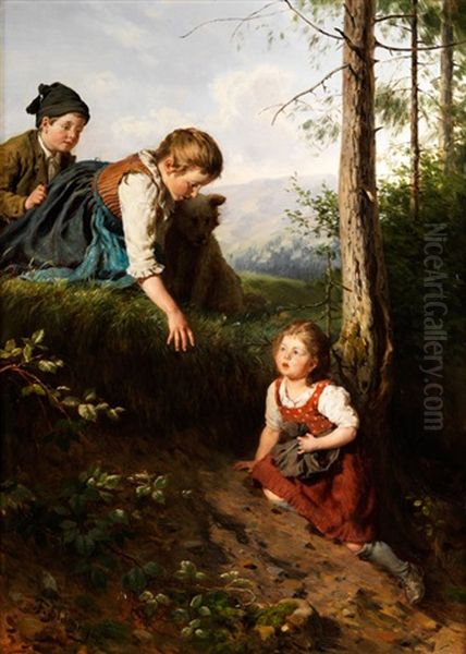 Drei Kinder Im Wald Beim Beerenpflucken Oil Painting by Felix Schlesinger