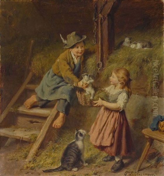 Zwei Kinder Mit Katzen Oil Painting by Felix Schlesinger