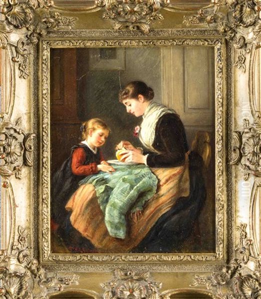 Junge Mutter Schalt Vor Den Augen Ihrer Tochter Eine Apfelsine Oil Painting by Felix Schlesinger