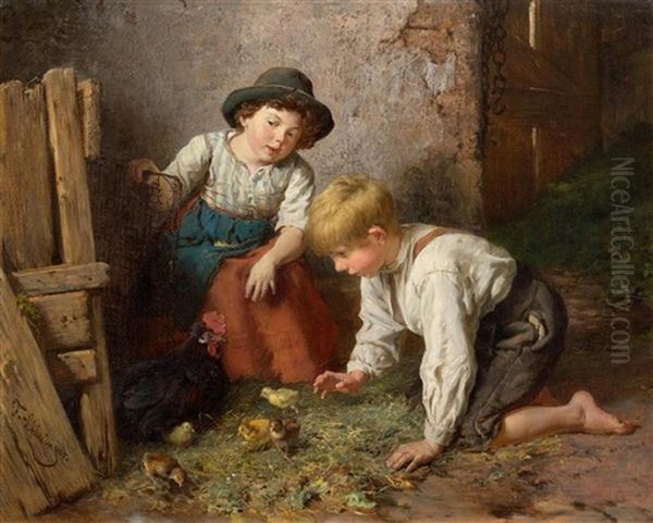 Zwei Kinder Bei Den Kuken Oil Painting by Felix Schlesinger