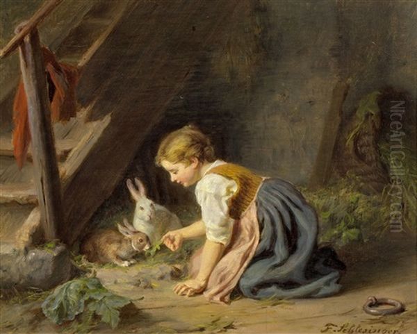 Madchen Mit Zwei Kaninchen Oil Painting by Felix Schlesinger