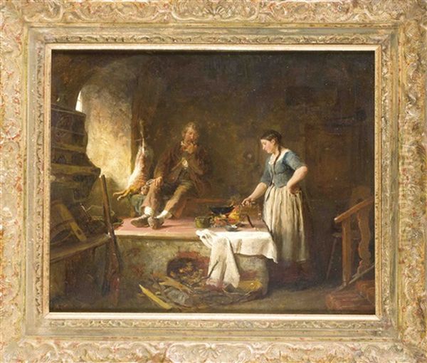 Ein Intimes Interieur, Das Durch Seine Lichtfuhrung Besticht, Ein Junger Jagersmann Sitzt Rauchend Neben Dem Erlegten Hasen, Wahrend Seine Frau Auf Dem Feuer Das Essen Zubereitet Oil Painting by Felix Schlesinger