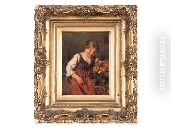 Girl With Rabbit Oil Painting by Felix Schlesinger