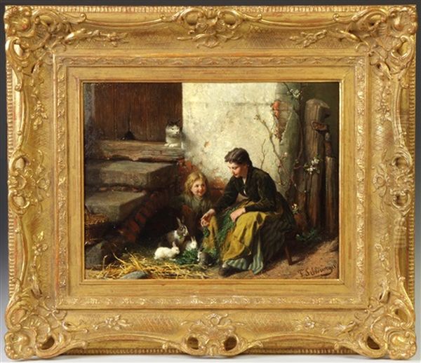 Mother & Daughter Feeding Rabbits Oil Painting by Felix Schlesinger