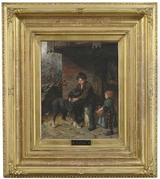 Der Gute Freund. Bauernkinder Herzen Einen Hund Oil Painting by Felix Schlesinger