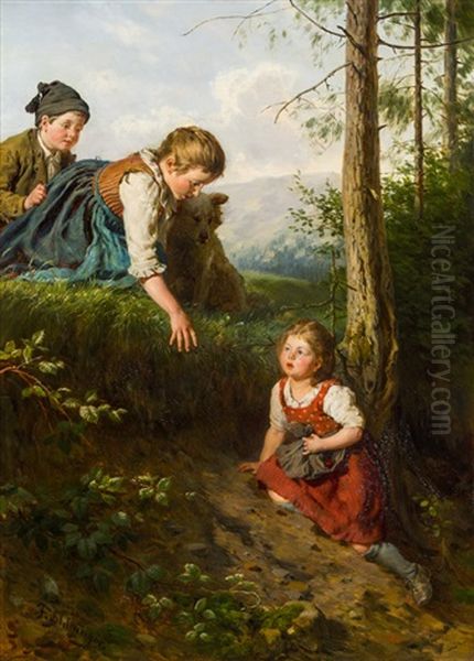 Drei Kinder Im Wald Beim Beerenpflucken Oil Painting by Felix Schlesinger