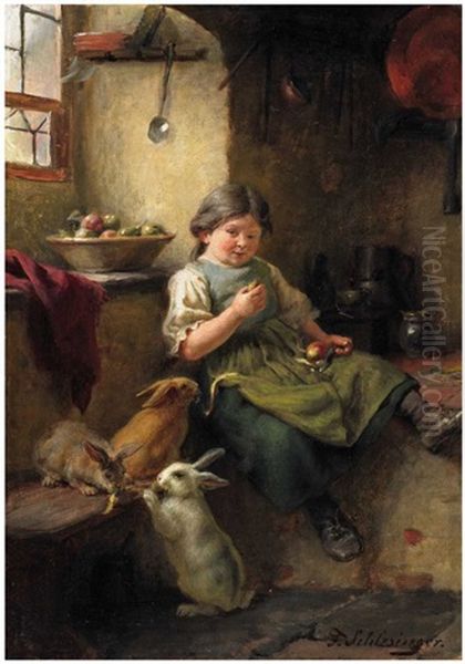 A Girl Feeding Its Hares Oil Painting by Felix Schlesinger