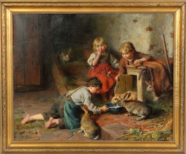 Children Feeding Rabbits Oil Painting by Felix Schlesinger